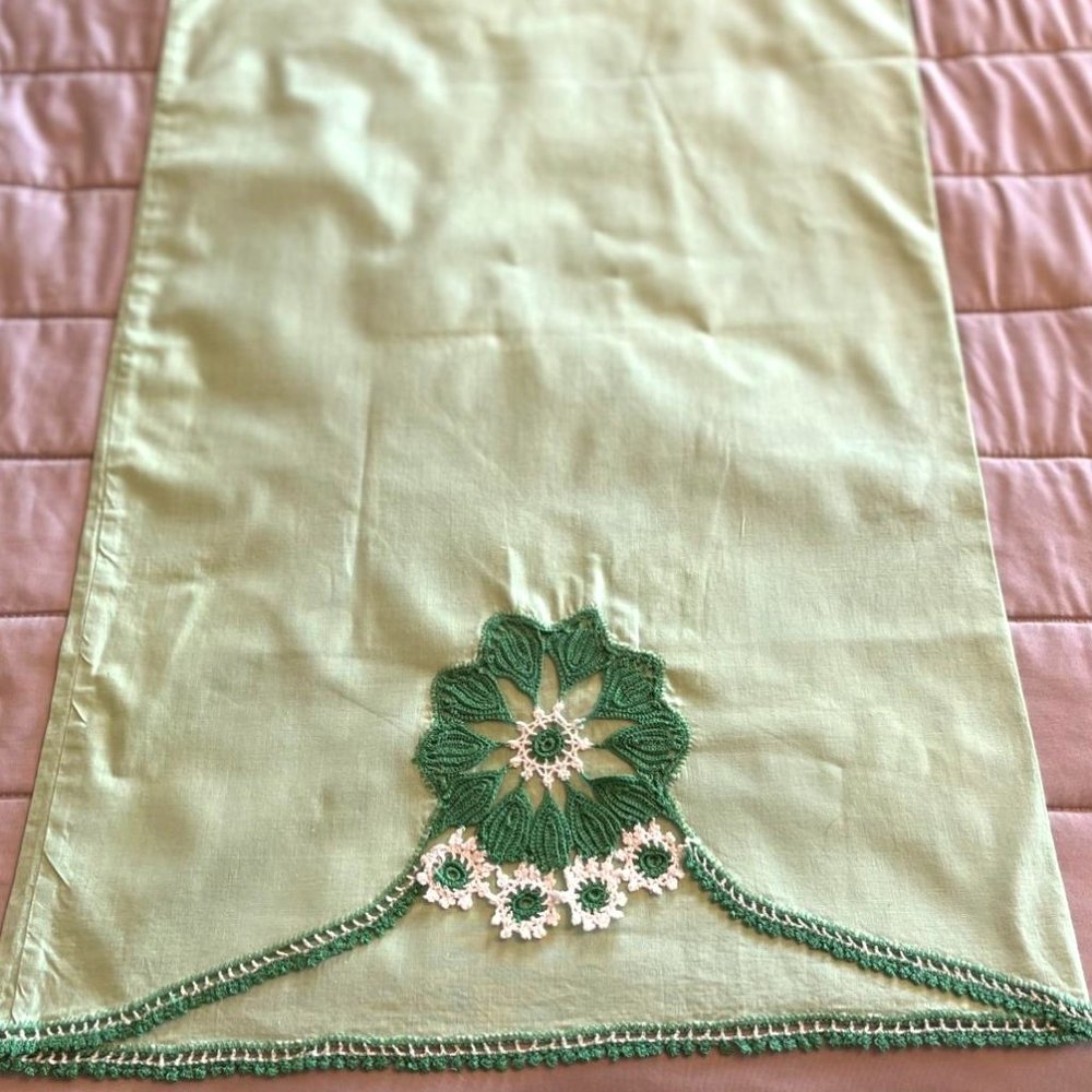 Vintage Queen Green pillowcase with green & white handcrocheted edging 20" X 32"